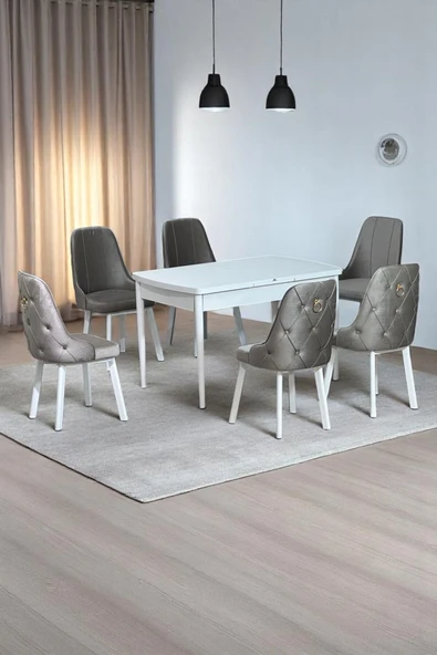 Kaktüs Avm Sonata Beyaz 80 x 132 Açılabilen Sunta Masa Metal Ayaklı Mutfak Masası Takımı 6 Cappucino Sandalye ürün görseli 1