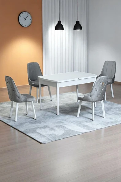 Kaktüs Avm Monera Beyaz 80 x 132 Açılabilen MDF Masa Metal Ayaklı Mutfak Masası Takımı 4 Gri Sandalye ürün görseli 1