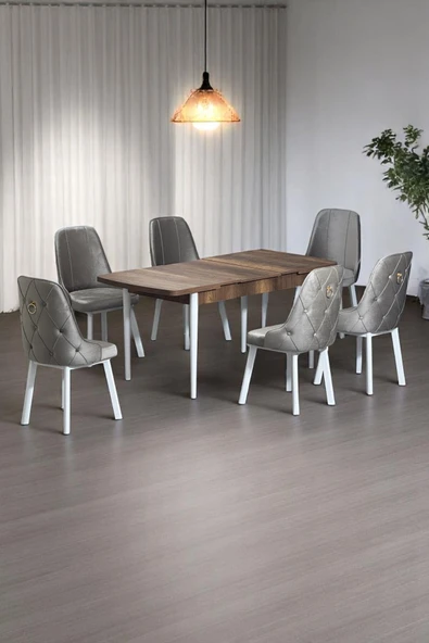 Kaktüs Avm Minel Açılabilen Metal Ayak MDF Mutfak Masası Takımı 6 Cappucino Sandalye 80 x 132 ürün görseli 1
