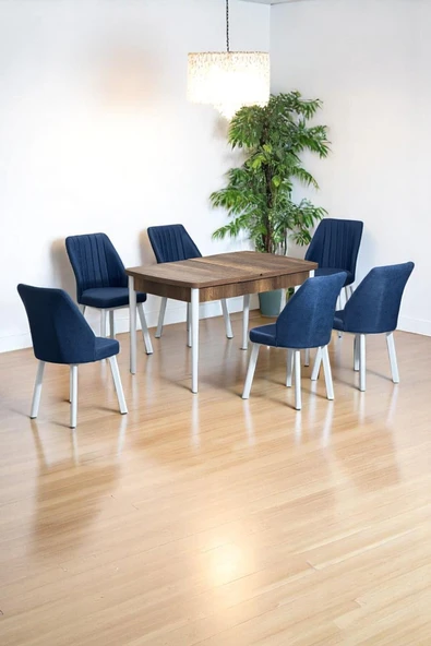 Kaktüs Avm Sera Ceviz 80 x 132 Açılabilen MDF Masa Beyaz Metal Ayaklı Mutfak Masası 6 Lacivert Sandalye ürün görseli 1