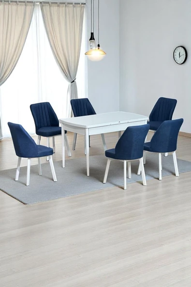 Kaktüs Avm Sera Beyaz 80 x 132 Açılabilen MDF Masa Beyaz Metal Ayaklı Mutfak Masası 6 Lacivert Sandalye ürün görseli 1