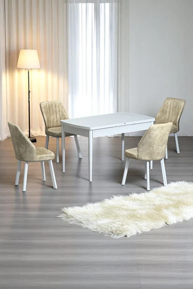 Kaktüs Avm Florn Beyaz 80 x 132 Açılabilen MDF Masa Metal Ayaklı Mutfak Masası Takımı 4 Krem Sandalye ürün görseli 1