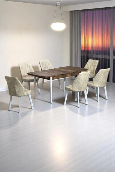 Kaktüs Avm Sera Ceviz 80 x 132 Açılabilen MDF Masa Beyaz Metal Ayaklı Mutfak Masası 6 Krem Sandalye ürün görseli 1
