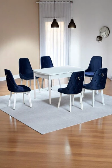Kaktüs Avm Sonata Beyaz 80 x 132 Açılabilen MDF Masa Metal Ayaklı Mutfak Masası Takımı 6 Lacivert Sandalye ürün görseli 1