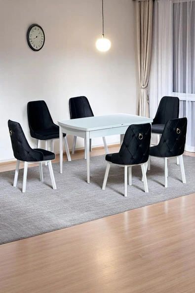 Kaktüs Avm Sonata Beyaz 80 x 132 Açılabilen MDF Masa Metal Ayaklı Mutfak Masası Takımı Siyah Sandalye ürün görseli 1