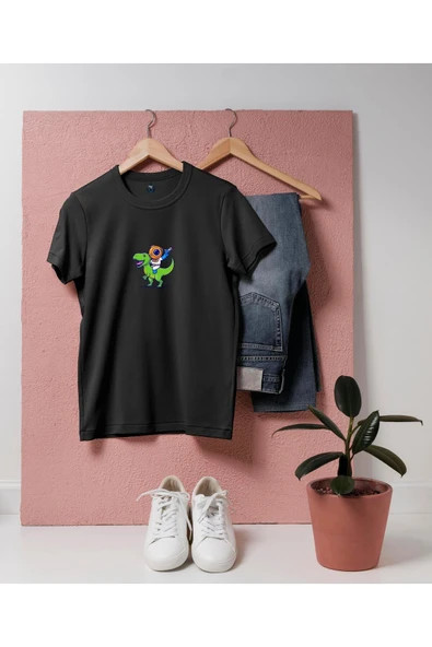 Oversize Dinazor ve Mini Dalgıç tasarım unisex T-shirt - Resim 3