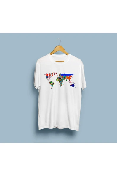 Oversize Bayraklı Dünya Haritası Baskılı Unisex T-shirt ürün görseli 1