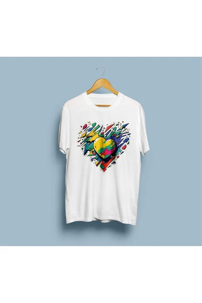 Oversize Dağınık Renkli Kalp Tasarım Unisex T-shirt ürün görseli 1