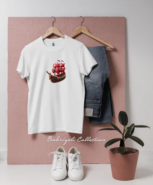 Oversize Playful Pirate Ship Toy with Red Sails Tasarımlı Unisex T-Shirt ürün görseli 1