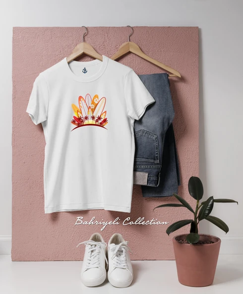 Oversize Surfing boards orange with flowers Tasarımlı Unisex T-Shirt ürün görseli 1