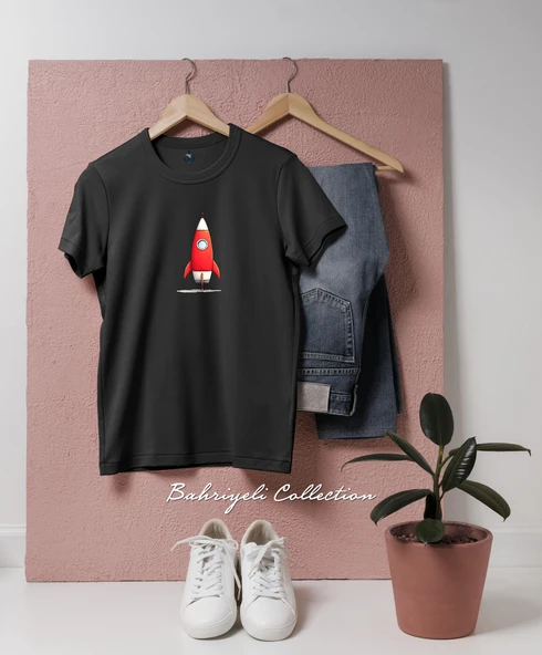 Oversize Red Rocket Ready for Launch Tasarımlı Unisex T-Shirt - Resim 2