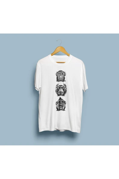 Oversize Siyah Beyaz Üç Maymun Tasarım Unisex T-shirt ürün görseli 1
