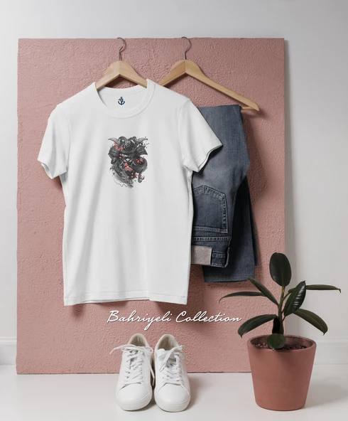 Oversize Samurai illustration black  Tasarımlı Unisex T-Shirt ürün görseli 1