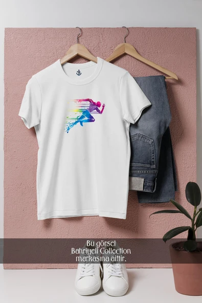 Oversize Renkli Koşu Silüeti  Tasarımlı Unisex T-Shirt ürün görseli 1
