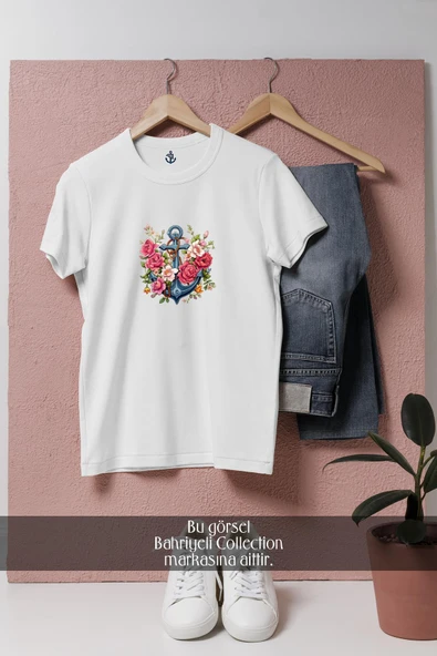 Oversize Çiçekli Çıpa - Çapa  Tasarımlı Unisex T-Shirt ürün görseli 1