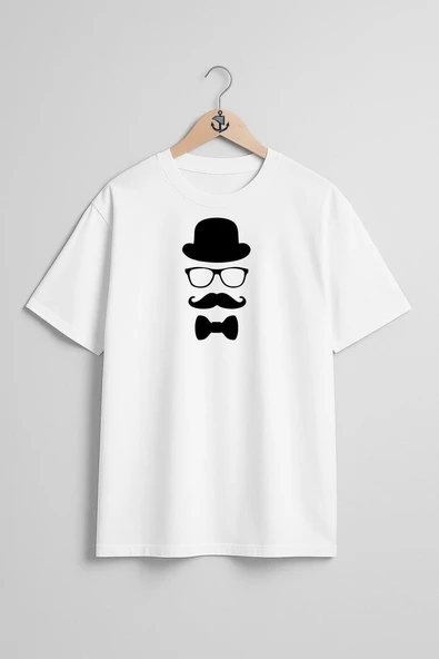 Oversize Bıyık Silindir Şapka Gözlük Papyon Göğüs Tasarımlı Unisex T-Shirt ürün görseli 1