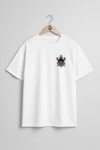 Oversize Skull Pirate With Sword And Anchor Cep ve Sırt Tasarımlı Unisex T-Shirt ürün görseli 1