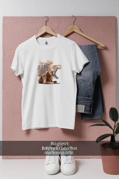 Oversize Kükreyen Aslan Vektörel  Tasarımlı Unisex T-Shirt ürün görseli 1