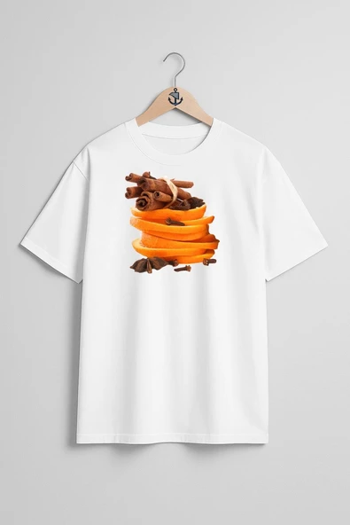 Oversize Kabuk Tarçın Ve Portakal Göğüs Tasarımlı Unisex T-Shirt ürün görseli 1