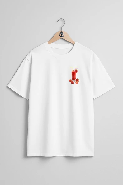 Oversize Çilekli Smoothie Cep Tasarımlı Unisex T-Shirt ürün görseli 1