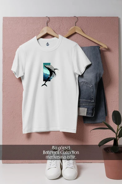 Oversize Whale İllustration Black And White  Tasarımlı Unisex T-Shirt ürün görseli 1