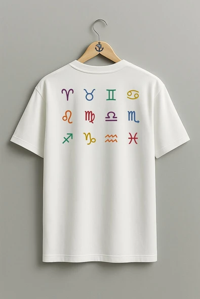 Oversize Horoscope Logo İllustration, Astrological Sign Zodiac Sırt Tasarımlı Unisex T-Shirt ürün görseli 1