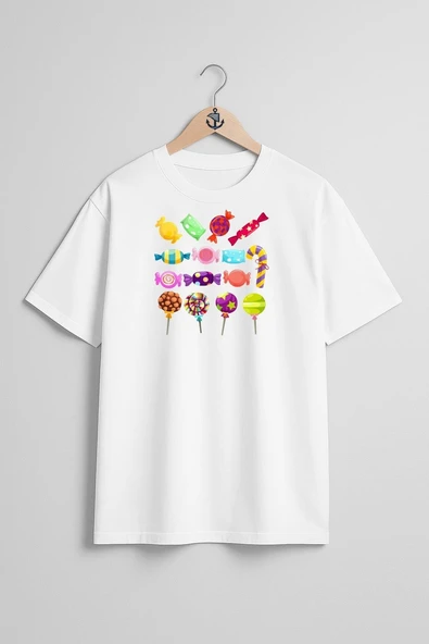 Oversize Çeşitli Renkli Şekerler Ve Lolipop Göğüs Tasarımlı Unisex T-Shirt ürün görseli 1