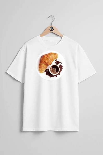 Oversize Croissant Coffee Beans Göğüs Tasarımlı Unisex T-Shirt ürün görseli 1