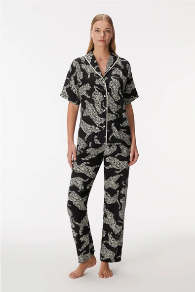 Anıl Zebra Kadın Kısa Kollu Önden Düğmeli Gömlek Pijama Takım ürün görseli 1