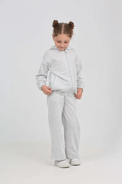 Toontoy Kız Çocuk 2'li Takım Çizgili Kapüşonlu Fermuarlı Cepli Sweatshirt & Beli Lastikli Bol Paça Eşofman Altı - Müslin ürün görseli 1