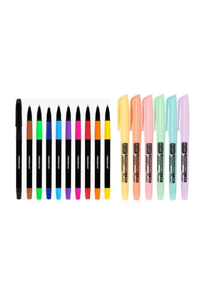 KRAF 6'lı Pastel Fosforlu Kalem + Pensan 10 Renk Tükenmez Kalem Seti ürün görseli 1