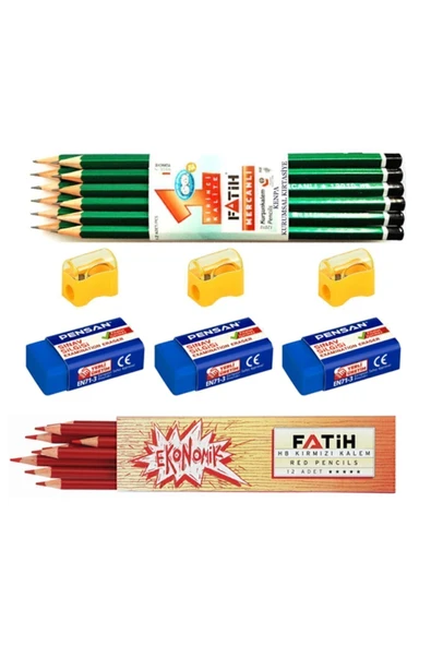 Fatih 12 Li Mercanlı Kurşun Kalem Kırmızı Kopya Kalemi Silgi Kalem Açacağı Set ürün görseli 1