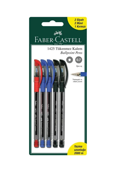Faber Castell 5'li Tükenmez Kalem Seti,2 Siyah,2 Mavi,1 Kırmızı Kalem İçerir ürün görseli 1