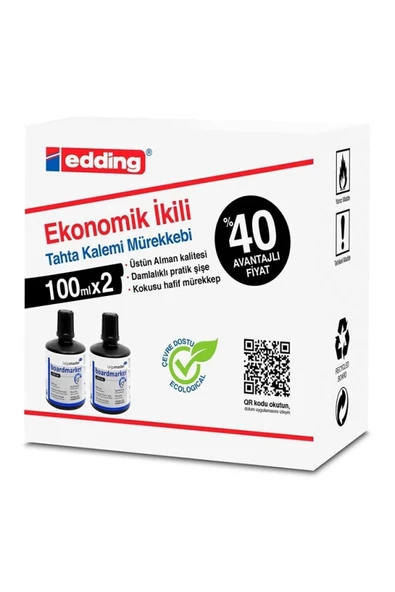 Edding 2'li Siyah Beyaz Tahta Kalemi Mürekkebi 2x100 ml tkm ürün görseli 1