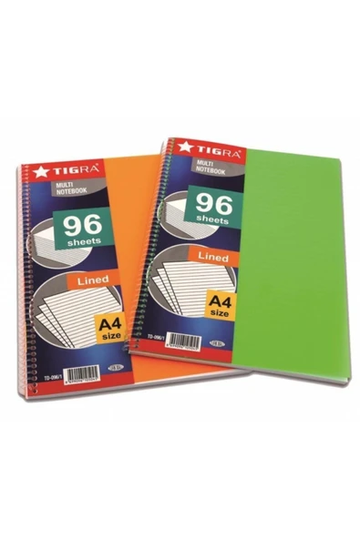 Tigra Spiralli Defter Plastik Kapak Çizgili 96 Yp A4 Td-096/1 ürün görseli 1