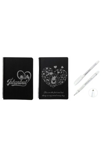 MEKAFİX 2 Adet Desenli Siyah Defter Siyah Yapraklı Defter - Siyah Sayfalı Defter 2 Adet Beyaz Jel Kalem Side ürün görseli 1