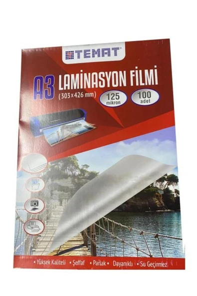 Temat A3 Laminasyon Filmi Pvc 125 Micron 100 Lü Paket ürün görseli 1