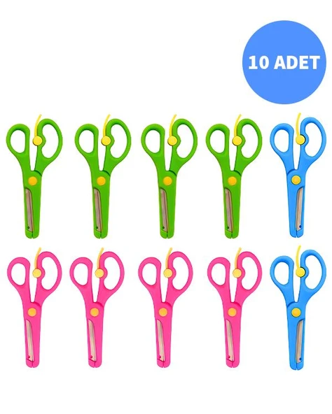 Neon Plastik Korumalı Küt Uçlu Yaylı Çocuk Okul Makası 10lu Set ürün görseli 1