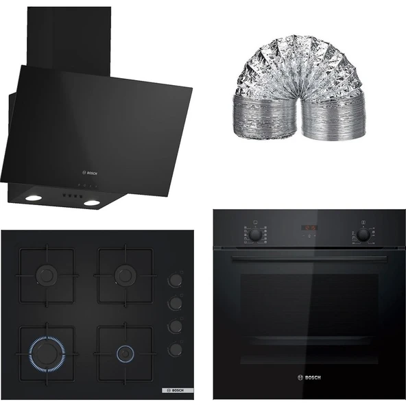 Bosch Siyah 3 Lü Ankastre Set 327 ( HBF512BB1T - POP6C6P30O - DWK63PJ60T (61T) ) - Baca Borusu ile Birlikte ürün görseli 1