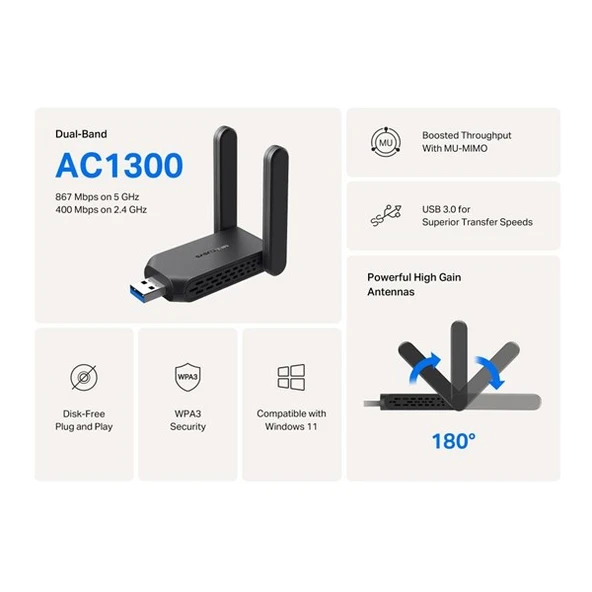 MERCUSYS MA32H AC1300 USB 3.0 KABLOSUZ AĞ ADAPTÖRÜ - Resim 3