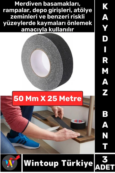 Ultra Güçlü Yapışkan İSG İş Yeri Kaygan Zemin Merdiven Siyah Kaydırmaz Bant 50 Mm X 25 Metre 3 Adet ürün görseli 1