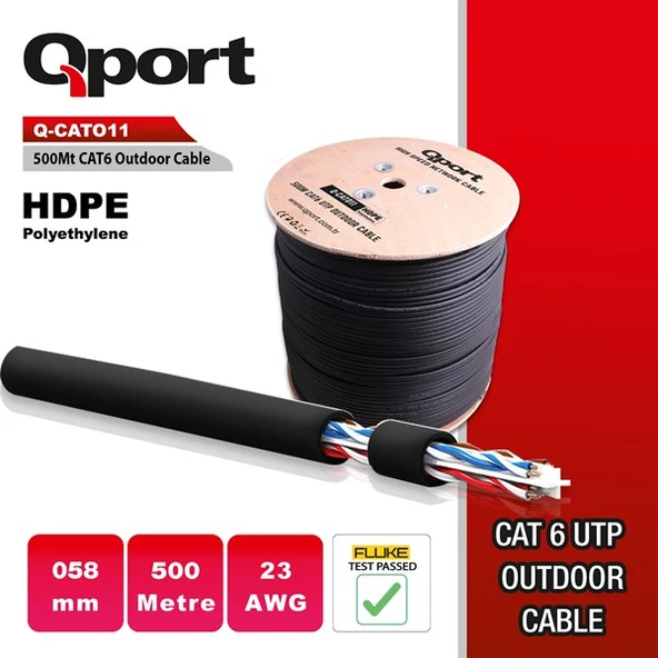 QPORT CAT6 Utp 23AWG Siyah 500m Outdoor Makaralı Kablo Q-CATO11 ürün görseli 1