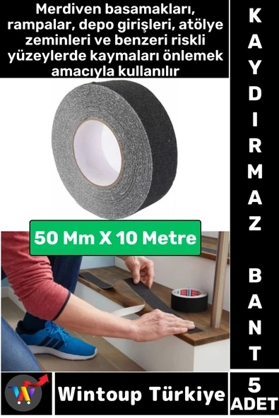 Ultra Güçlü Yapışkan İSG İş Yeri Kaygan Zemin Merdiven Siyah Kaydırmaz Bant 50 Mm X 10 Metre 5 Adet ürün görseli 1