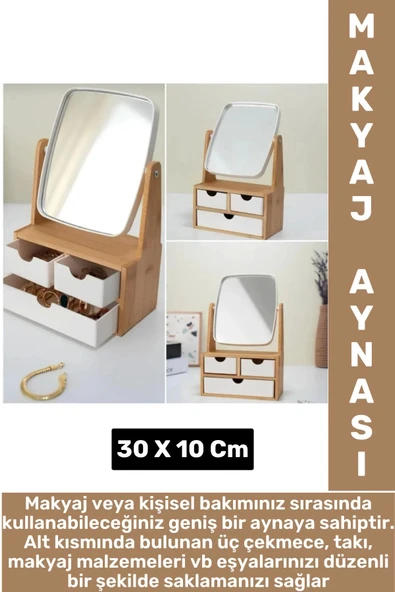 Dayanıklı Ahşap Makyaj Takı Organizer Ev Ofis Ayarlanabilir Aynalı Çok Şık Tasarım 3 Çekmeceli Ayna ürün görseli 1