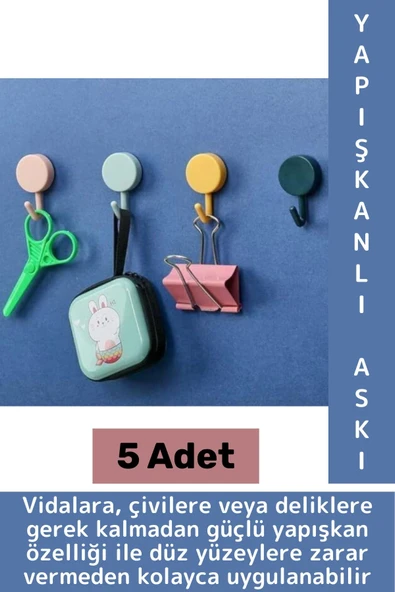 İz Bırakmaz Montaj Gerektirmez Mutfak Banyo Ev Ofis Kendinden Yapışkanlı Renkli Duvar Askısı 5 Adet ürün görseli 1