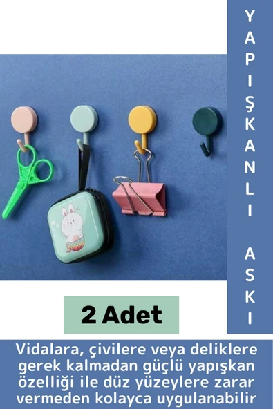 İz Bırakmaz Montaj Gerektirmez Mutfak Banyo Ev Ofis Kendinden Yapışkanlı Renkli Duvar Askısı 2 Adet ürün görseli 1