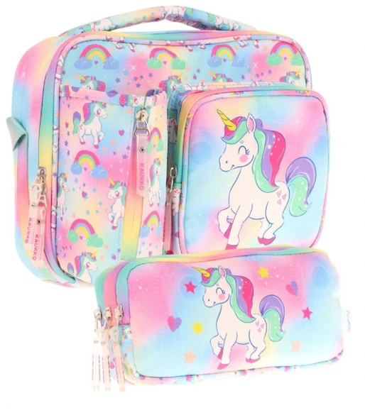 Kaukko Kids Kız Çocuk Çok Renkli Unicorn Baskılı Üç Bölmeli Thermo Beslenme Çantası ve Kalemlik Seti (L7243+L8243) ürün görseli 1