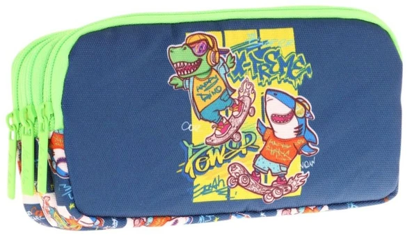 Kaukko Kids Lacivert Yeşil, Dinazor Temalı, Erkek Çocuk Üç Bölmeli Okul Kalem Çantası - L8256 ürün görseli 1