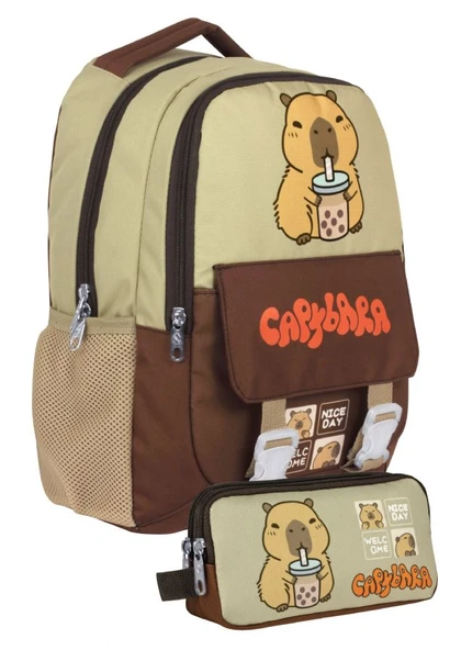 Capybara Erkek Çocuk İlkokul Sırt Çantası ve İki Gözlü Kalemlik Seti - Kahverengi/Bej - SETCPB5200C ürün görseli 1