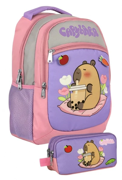 Capybara Kız Çocuk İlkokul Sırt Çantası ve İki Gözlü Kalemlik Seti - Mor - Pembe - SETCPB5233C ürün görseli 1